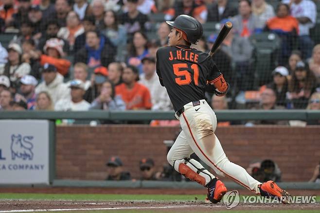 이정후의 27일 경기 모습.  [로이터=연합뉴스] Mandatory Credit: Ed Szczepanski-Imagn Images
