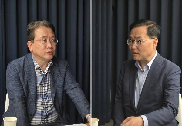 강민구 민주연구원 부원장(왼쪽)과 홍석준 전 국민의힘 의원.