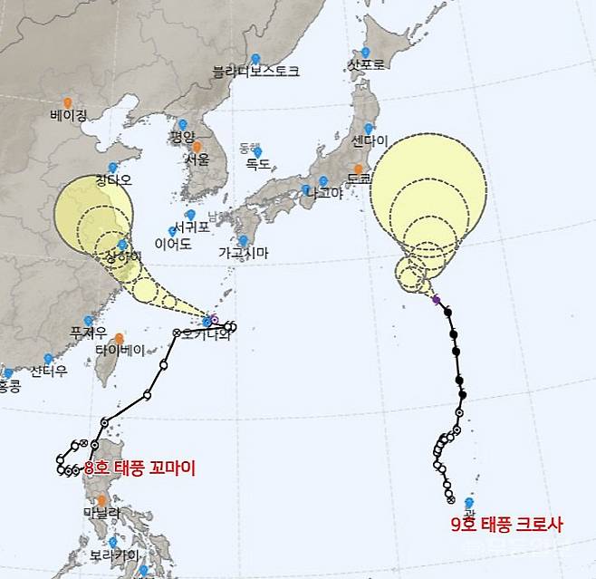 제8호 태풍 '꼬마이(CO-MAY)'와 제9호 태풍 '크로사(KROSA)' 예상 경로. 기상청 제공