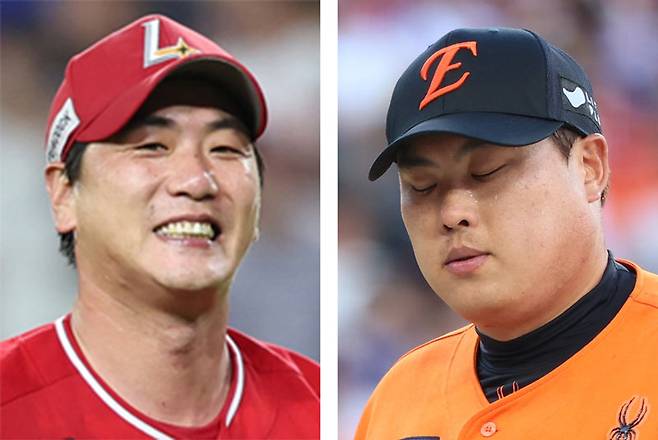 사상 첫 ‘류김대전’에서 한화 류현진(오른쪽 사진)에 판정승을 거둔 김광현. 대전=뉴시스