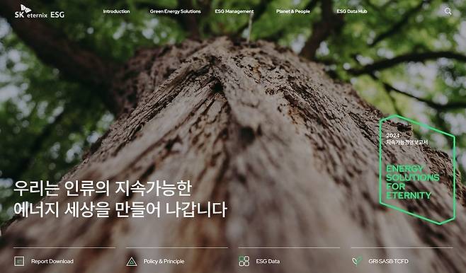SK이터닉스 지속가능경영보고서 홈페이지. SK이터닉스