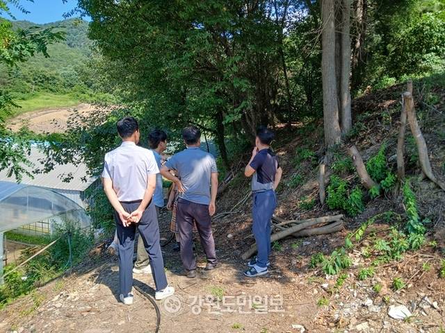 ▲ 횡성 청일초교 인근 부지에 생활폐기물 등 불법투기 의혹이 제기되자 횡성군과 횡성교육청 관계자들이 28일 현장조사를 진행하고 있다. 박현철