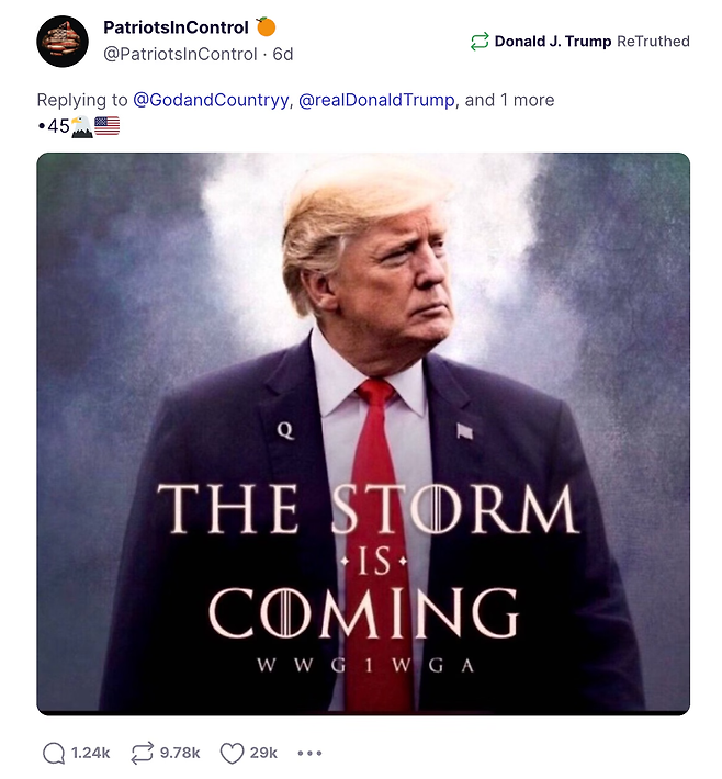 도널드 트럼프 미국 대통령이 트루스 소셜에 공유했던 큐어넌 게시물.