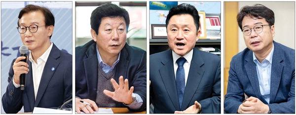 내년 부산시장 선거에서 더불어민주당 후보군으로 거론되는 인물들. 왼쪽부터 전재수 해양수산부 장관, 박재호 최인호 전 의원, 이재성 부산시당 위원장.  국제신문 DB