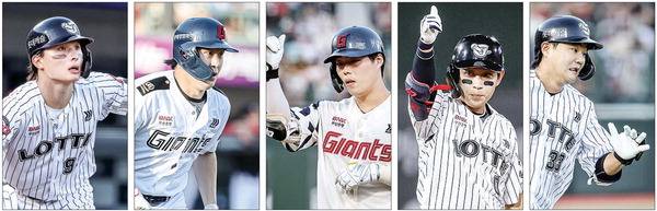 전반기 부진과 부상으로 전력에서 이탈한 윤동희(왼쪽부터) 나승엽 고승민 황성빈 손호영 완전체가 다시 뭉쳐 후반기 타선에 활력을 불어넣고 있다.  롯데 자이언츠 제공