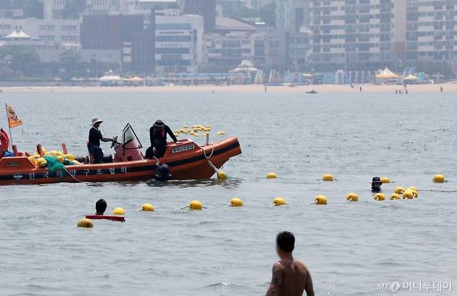 부산 수영구청 관계자들이 지난 6월 27일 광안리해수욕장에서 선박을 동원, 해안선으로부터 바다 방향 100m 구간에 해파리 유입 방지 그물망을 설치하고 있다. /사진=뉴시스.