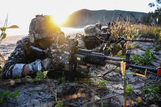 [서울=뉴시스] 해병대는 지난 3일부터 27일까지 호주 북동부 일대에서 미국, 호주 등과 함께 2025년 탈리스만 세이버 연합훈련에 참가해 연합작전 수행능력을 향상했다.사진은 2025 탈리스만 세이버 훈련 간 한·호주 상륙군이 후속 제대의 상륙을 보장하기 위한 경계를 실시하고 있다. (사진=해병대사령부 제공) 2025.07.28. photo@newsis.com *재판매 및 DB 금지