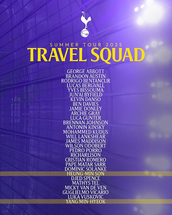 토트넘의 홍콩·한국으로 이어지는 아시아 투어 참가 명단. /사진=토트넘 SNS 캡처