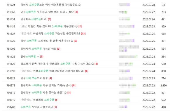 하남 위례신도시 맘카페에 ‘민생회복 소비쿠폰’ 가맹점을 문의하는 글이 수십개나 올라와 있다. /위례맘카페 캡처