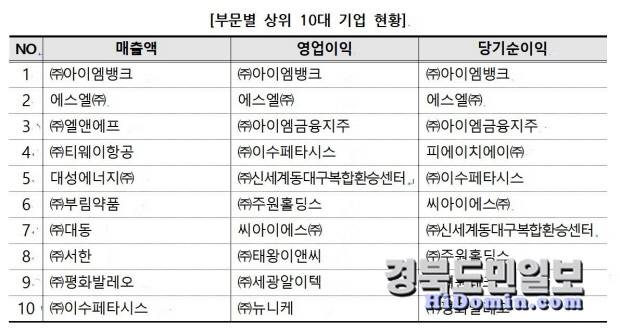 대구 100대 기업 중 각 부문별 상위 10대 기업 현황. 자료=대구상의 제공