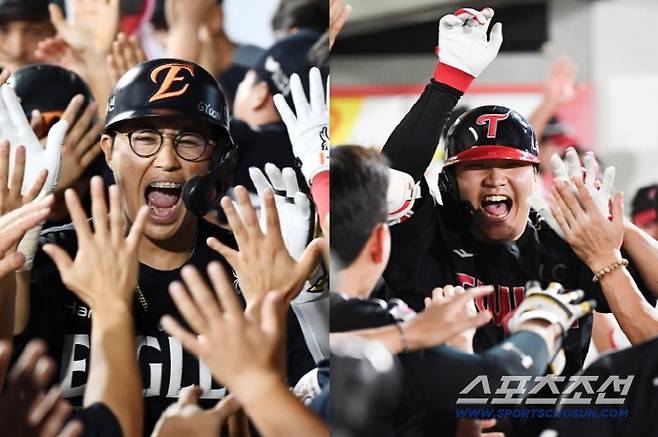 한화 채은성과 LG 문보경이 홈런을 치고 동료들의 환호를 받는 모습. 스포츠조선DB