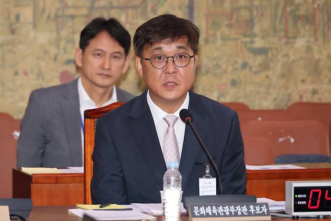 Culture Minister nominee Chae Hwi-young speaks during his confirmation hearing at the National Assembly in Seoul on Tuesday. (Yonhap)