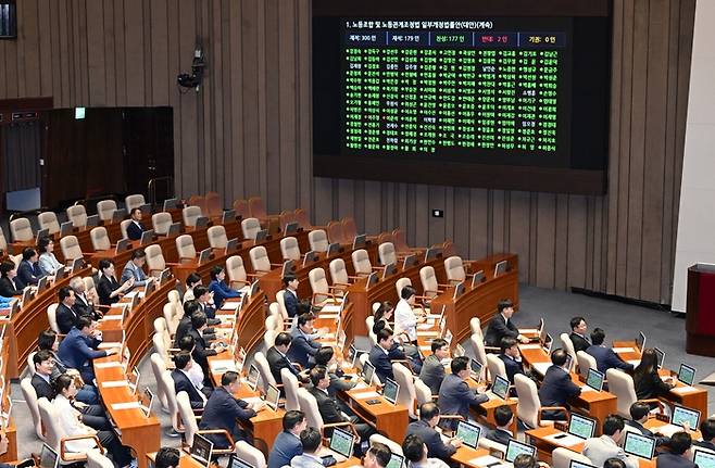 지난 2024년 8월 국회 본회의에서 노란봉투법이 통과되고 있다. [김호영 기자]