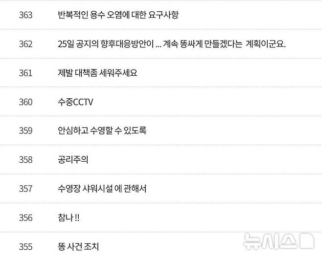 [뉴시스] 이용객 항의 게시글. (사진=영주실내수영장 홈페이지 캡처) *재판매 및 DB 금지