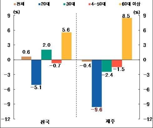 제주지역 연령별 취업자 증가율. 한국은행 제주본부 제공