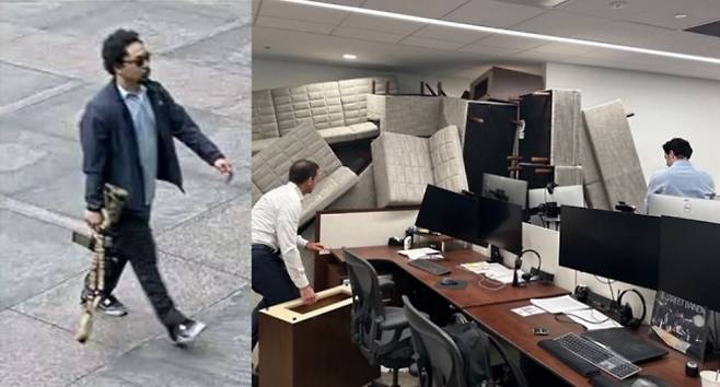 CCTV에 포착된 총격범(왼쪽)과 출입문을 소파 등으로 막은 직원들 모습. 소셜미디어 캡처