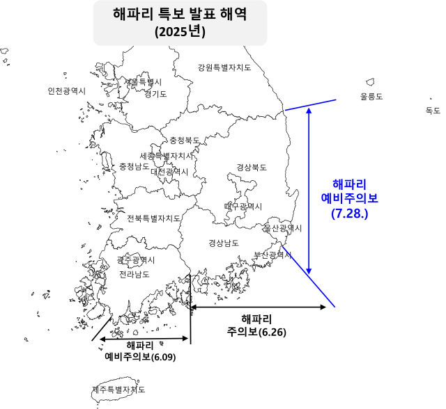 2025년 해파리 특보 발표 해역. 해양수산부