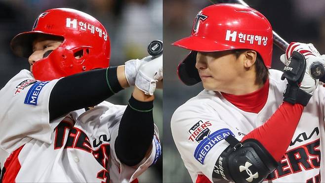 KIA는 주포 김선빈(왼쪽)과 나성범의 복귀에 많은 기대를 했지만, 그들의 침체기가 길어지고 있어 고민이 크다. 사진제공｜KIA 타이거즈