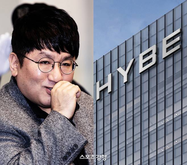 방시혁 하이브 의장(왼쪽)과 서울 용산구에 위치한 하이브 사옥. 경향신문 자료사진