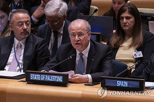 유엔회의 발언하는 무스타파 팔레스타인 자치정부 총리 [뉴욕 AP=연합뉴스. 재판매 및 DB 금지]