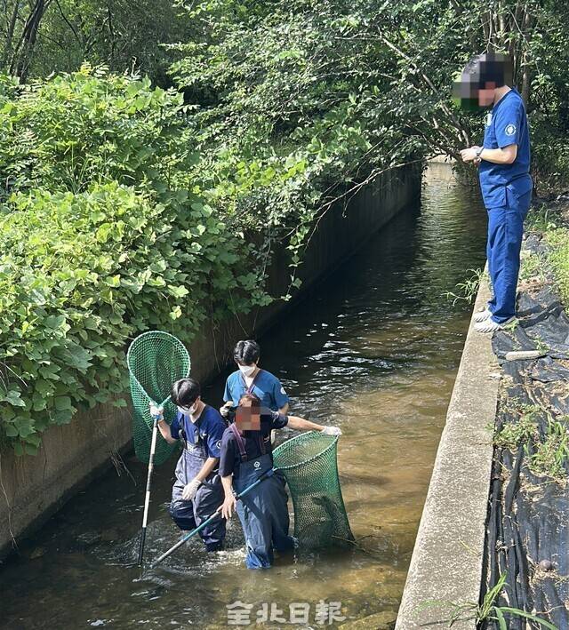 수로에서 고라니를 구조한 센터 직원들 /전북특별자치도 야생동물구조관리센터