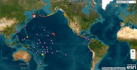 한국시간으로 30일 오전 8시 24분쯤 러시아 페트로파블롭스크-캄차츠키에서 동남동쪽으로 126km 떨어진 곳에서 규모 8.8의 강진이 발생했다. 〈사진=미국 국립기상청(NWS)〉