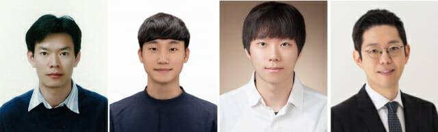 차세대 배터리 바인더를 개발한 POSTECH 화학과 박수진 교수와 한동엽 박사, 김성룡 연구생(화학공학과 석,박 통합과정),KAIST 문홍철교수.(왼쪽부터)