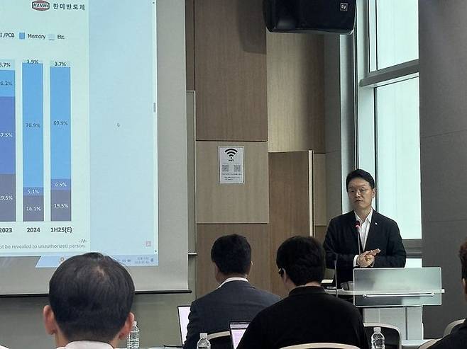 김정영 한미반도체 최고재무책임자(CFO·부사장)가 서울 여의도 포스트타워에서 2분기 잠정실적 리뷰를 발표하고 있다.ⓒ연합뉴스