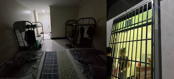 한국인들이 감금돼 보이스피싱 등 사기 범행에 투입되고 있는 캄보디아 시아누크빌의 한 범죄단지 내부 모습. 한국인이 머무르는 숙소(좌)와 굳게 닫힌 철문(우).  /사진=독자 제공