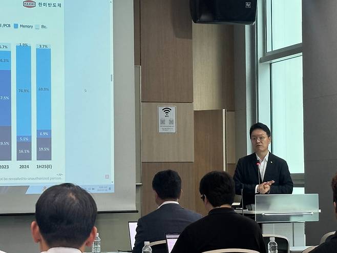 김정영 한미반도체 부사장이 2분기 잠정 실적 설명회에서 사업 현황을 설명하고 있다. 연합뉴스
