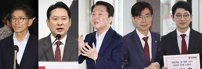 국민의힘 당권 주자인 김문수 전 후보, 장동혁·안철수·조경태·주진우 의원/ 사진=연합, 뉴스1