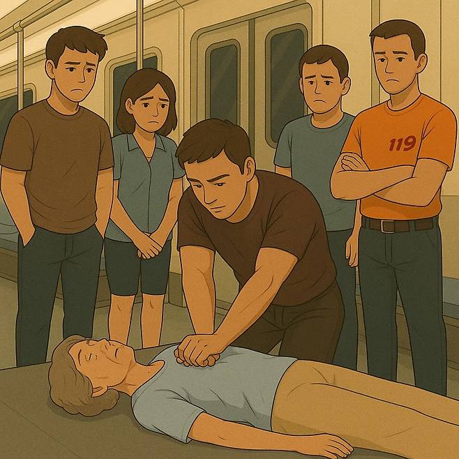 작년 대전 지하철에서 쓰러진 여성을 재빨리 응급처치 하는 류하경 변호사의 모습.(제작=챗GPT)