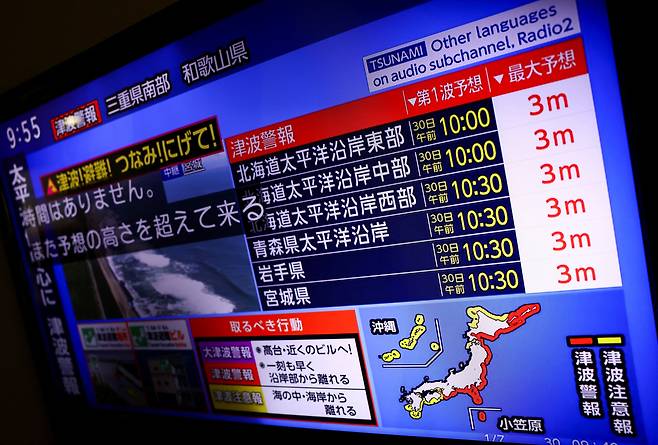 A television screen shows a news report on Japan Weather Agency's tsunami warning, saying it expected tsunami waves of up to 3 meters (10 feet) to reach large coastal areas in Japan after a powerful earthquake struck off Russia's Far Eastern Kamchatka Peninsula, in Tokyo, Japan, on July 30. [REUTERS/YONHAP]