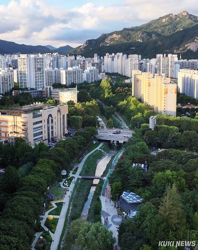 ‘숲세권과 수(水)세권이 한곳에’수락산에서 발원해 도심을 가로질러 중랑천으로 흐르는 당현천과 도시숲 전경. 바람길숲은 도시 외곽의 자연환경과 도심을 연결함으로써 정체된 더운 공기를 분산시키고 미세먼지와 도시 열기를 줄이는 데 실질적인 도움을 준다.바람길 네트워크는 도시 기후 회복력을 높이는 자연 기반 해법으로 주목받고 있다.