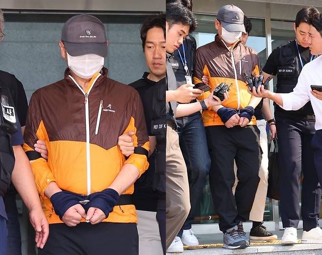 인천 송도에서 사제 총기로 아들을 살해한 60대 남성 A씨가 30일 인천 논현경찰서 유치장에서 검찰로 송치되고 있다. 연합뉴스