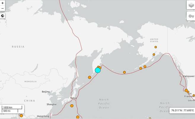 [서울=뉴시스] 미국 지질조사국(USGS)에 따르면 30일(현지 시간) 오전 11시 24분께 러시아 캄차카반도 동쪽 바다에 규모 8.7의 강진이 발생했다. 지진 발생 지점. <사진출처: USGS 사이트 캡쳐> 2025.07.30