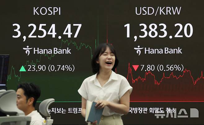 [서울=뉴시스] 김진아 기자 = 코스피가 3250선을 돌파한 30일 서울 중구 하나은행 딜링룸에서 딜러들이 업무를 보고 있다. 코스피는 전 거래일(3230.57)보다 23.90포인트(0.74%) 오른 3254.47에, 코스닥 지수는 전 거래일(804.45)보다 0.78포인트(0.10%) 하락한 803.67에 거래를 마쳤다. 2025.07.30. bluesoda@newsis.com