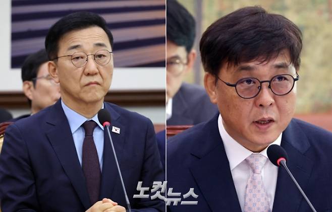 왼쪽부터 김윤덕 국토교통부장관 후보자, 최휘영 문화체육관부장관 후보자가 29일 서울 여의도 국회에서 열린 인사청문회에서 의원 질의를 받고 있다. 윤창원 기자