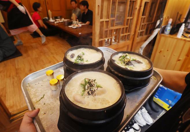 삼계탕은 오랜 역사와 전통을 지닌 대표적인 여름철 보양식이다. 사진은 중복을 하루 앞둔 29일 서울 시내의 한 삼계탕집에서 직원이 삼계탕을 서빙하고 있는 모습. 연합뉴스