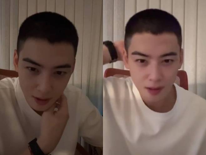 차은우가 입대 전 짧게 자른 머리를 공개하며 팬들과 소통했다. 유튜브 채널 '차은우' 캡처.