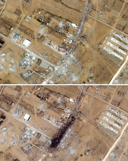 팔레스타인 가자지구 제2 도시인 칸 유니스에 있는 구호 물품 지원 시설의 1㎞ 반경 내에 모여있는 주민들(아래). 위는 구호 물품 시설이 없었던 시기의 같은 장소. 플래닛랩스 제공