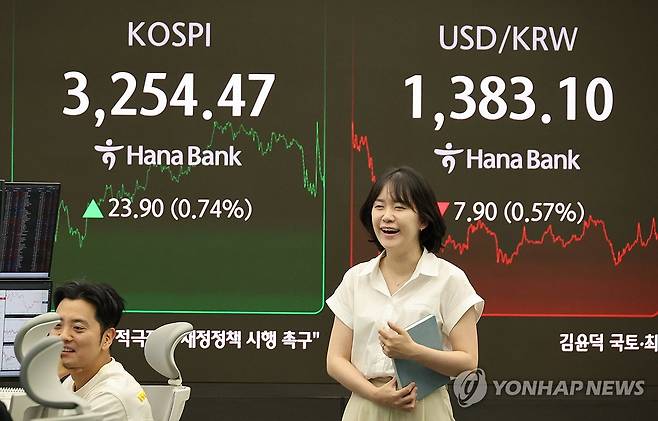 코스피, 엿새 연속 올라 3,250대 마감 (서울=연합뉴스) 이진욱 기자 = 30일 서울 하나은행 본점 딜링룸에서 딜러들이 업무를 보고 있다. 이날 코스피는 전장보다 23.90포인트(0.74%) 오른 3,254.47에 장을 마치며 연고점을 재차 경신했다. 2025.7.30 cityboy@yna.co.kr