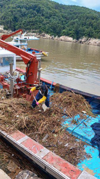 거제지역 한 어민이 연안에 떠밀려온 낙동강 해양쓰레기를 수거하고 있다. 경남일보(https://www.gnnews.co.kr)