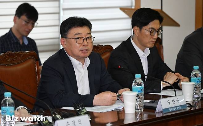 정상빈 현대자동차 부사장이 31일 서울 마포구 경총회관에서 열린 노동조합법 개정 관련 긴급 기자회견에서 발언하고 있다./사진=이명근 기자 qwe123@