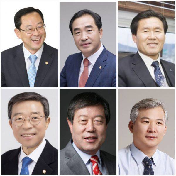 (상단 왼쪽부터) 명현관 현 해남군수, 이길운 해남군 체육회장, 김성주 전 해남군수협조합장, 서해근 해남군의원, 박철환 전 해남군수,  김병덕 전 해남군의회 의장. 이준경 기자