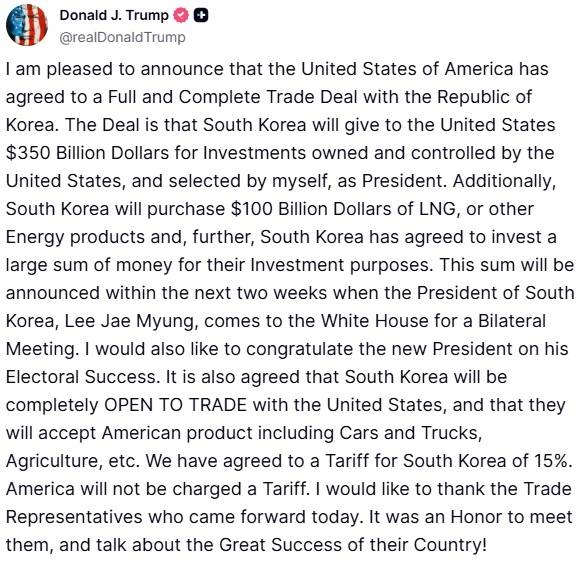 도널드 트럼프 미국 대통령이 트루스 소셜에 올린 글.