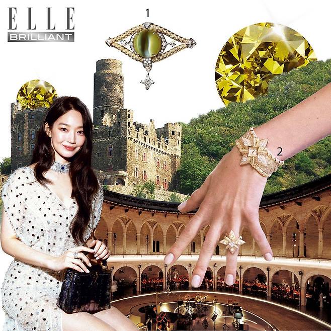 1 방패 및 지혜의 눈에서 영감 받아 완성한 ‘키퍼’ 브로치. 2 LV 모노그램 플라워를 재해석한 ‘아우라’ 브레이슬릿과 링.