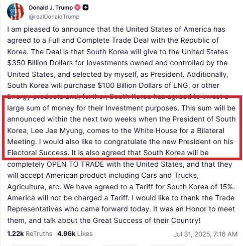 트럼프 대통령의 31일 트루스 소셜 게시글에서 한국과의 관세협상 타결과 함께 이재명 대통령의 당선을 축하하고 2주 안에 정상회담을 한다는 내용이 언급되어 있다.