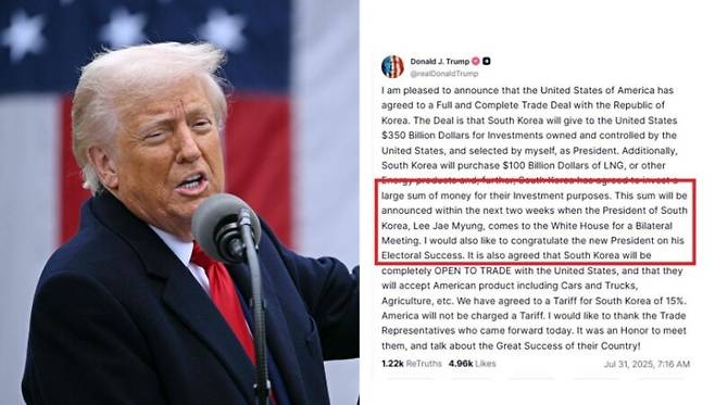 도널드 트럼프 미국 대통령과 31일 트루스 소셜 게시글. 연합뉴스, 한겨레