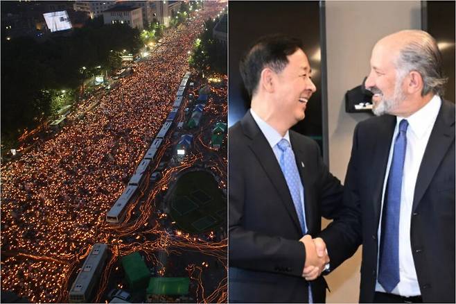 (왼쪽) 2008년 6월10일 저녁 서울 광화문 거리를 가득 메운 수십 만 명의 시민들이 촛불을 밝힌 채 \'미국산 쇠고기 재협상\' 등을 요구하는 \'100만 촛불 대행진\'을 하고 있다. 김정효 기자 hyopd@hani.co.kr (오른쪽) 구윤철 부총리 겸 기획재정부 장관이 지난 29일(현지시각) 미국 상무부에서 하워드 러트닉 상무장관과 통상협의에 앞서 악수하며 인사하고 있다. 기획재정부 제공